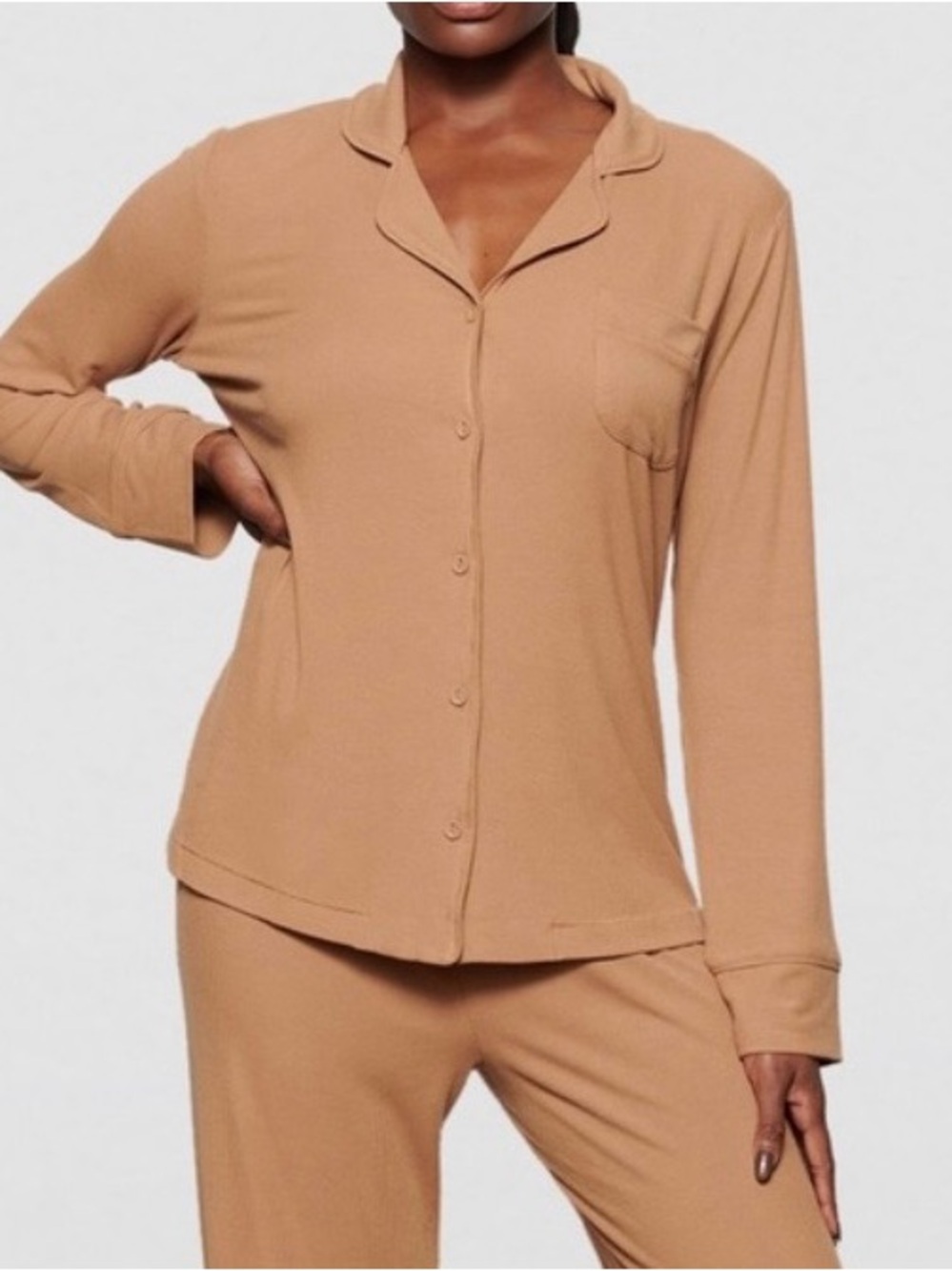 Skims Soft Lounge Ribbed Pajama Top Tan XXS